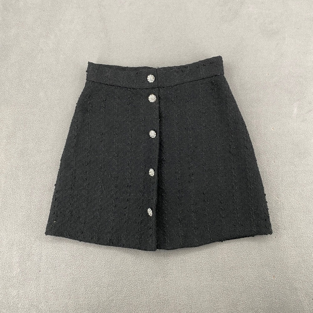 HM Black Boucle Tweed Mini Skirt Rhinestone Button High Waist Size 6